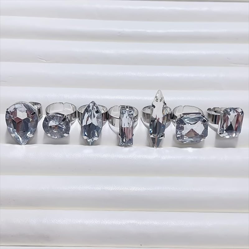 Statement Big Bling Rhinestone Costume Rings Stack Chunky Unique Silver Crystal CZ Large Knuckle Cocktail Ring Pack Cool Prom Jewelry Set for Women Trendy - style: Bling