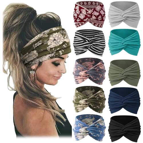 Jesries 10 PCS Women Headbands African Wide Hair Wrap Extra Turban Head Bands for Lady Large Sport Workout Stretch Non-slip Big Hair Bands - color: Army green