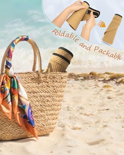 Senker Fashion Sun Hats Visor for Women, Straw Beach Hat Adjustable Wide Brim Ponytail Packable for Summer Travel UPF 50+ - color: Khaki