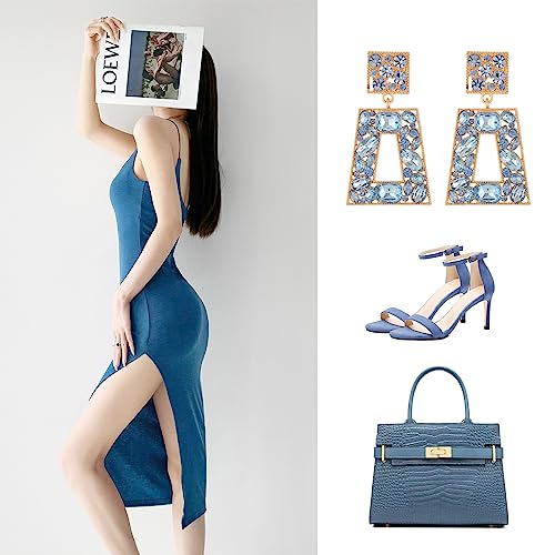 Rhinestone Rectangle Statement Earrings Colorful Crystal Geometric Drop Dangle Earrings for Women Prom Party - color: Light Blue