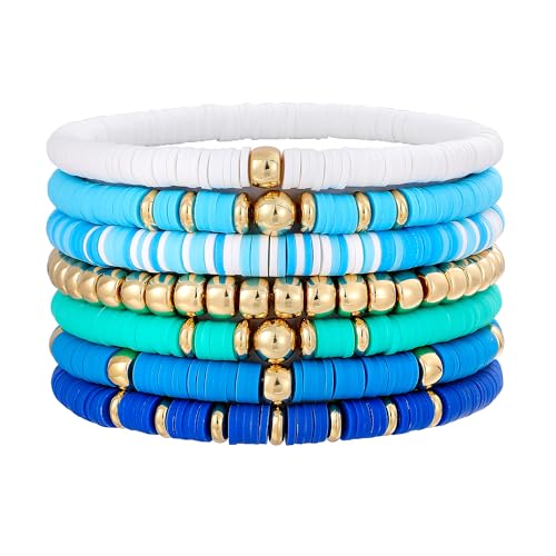GOOJIDS Surfer Heishi Clay Bead Bracelets for Women Bohemian Stackable Gold Plated Beaded Stretch Bracelets Elastic Layering Friendship Bracelets Set Boho Jewelry - color: B-Blue New Set