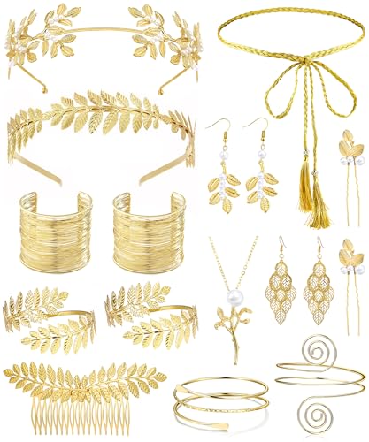 17 Pcs Greek Goddess Costume Accessories Set for Women Golden Leaf Headband Hair Clips Upper Earrings Arm Cuff Earrings Belt Toga Party Jewelry