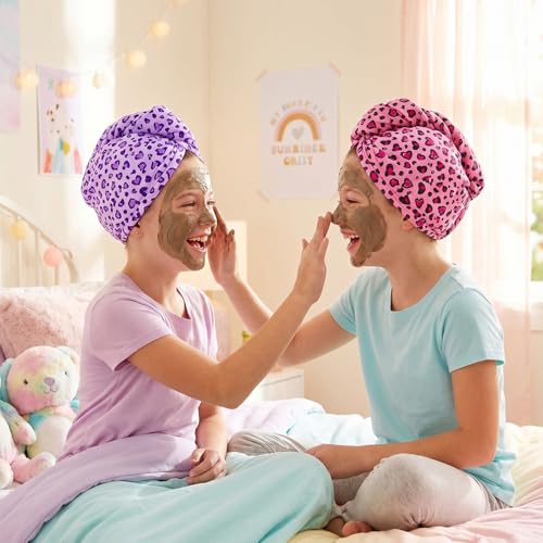 Basumee Microfiber Hair Towel Wrap for Kids 2 Pack Rapid Drying Hair Towel with Button Hair Turbans for Wet Hair Wraps Head Towel Wrap for Women and Girls - color: Pink Purple Leopard