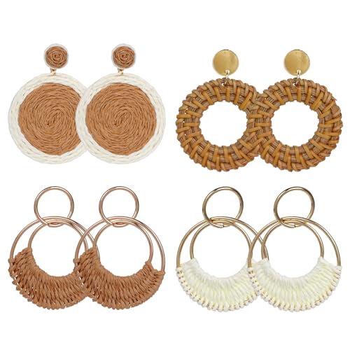 choyaxo 4piar Boho Dangle Earrings Wooden Rattan Rarrings Summer Vacation Earring for women beach