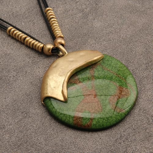 Bohemian Women's Leather Long Pendant Necklace Sweater necklace Adjustable Retro Woven Handmade Jewelry - color: Green stone