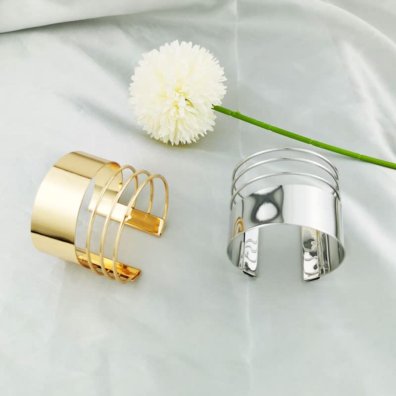 Pingyongchang 2 Pcs Cuff Bangle Bracelet for Women Open Wide Wire Bracelets Set Gold Wrist Cuff Wrap Bracelet Adjustable Classic Bohemia Birthday Gift - color: B