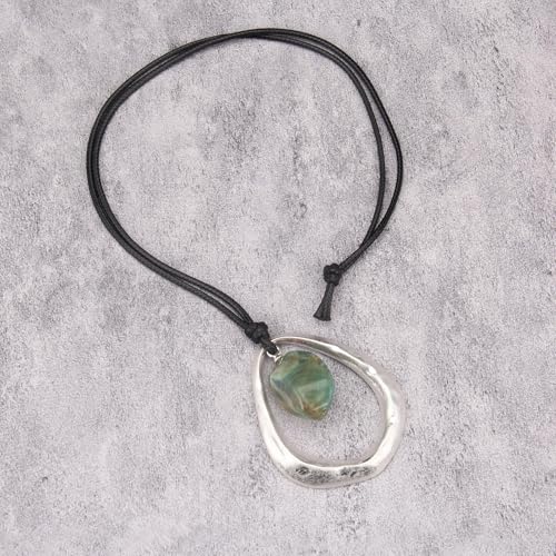 Bohemian Women's Leather Long Pendant Necklace Sweater necklace Adjustable Retro Woven Handmade Jewelry - color: Silver Water Drop Green Stone