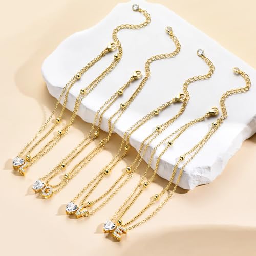 Ankle Bracelets for Women Waterproof 14K Gold Plated CZ Initial Anklet for Women Dainty Layered Letter Heart Ankle Bracelets Handmade Adjustable Foot Chain Anklet Summer Beach Jewelry - color: gold M