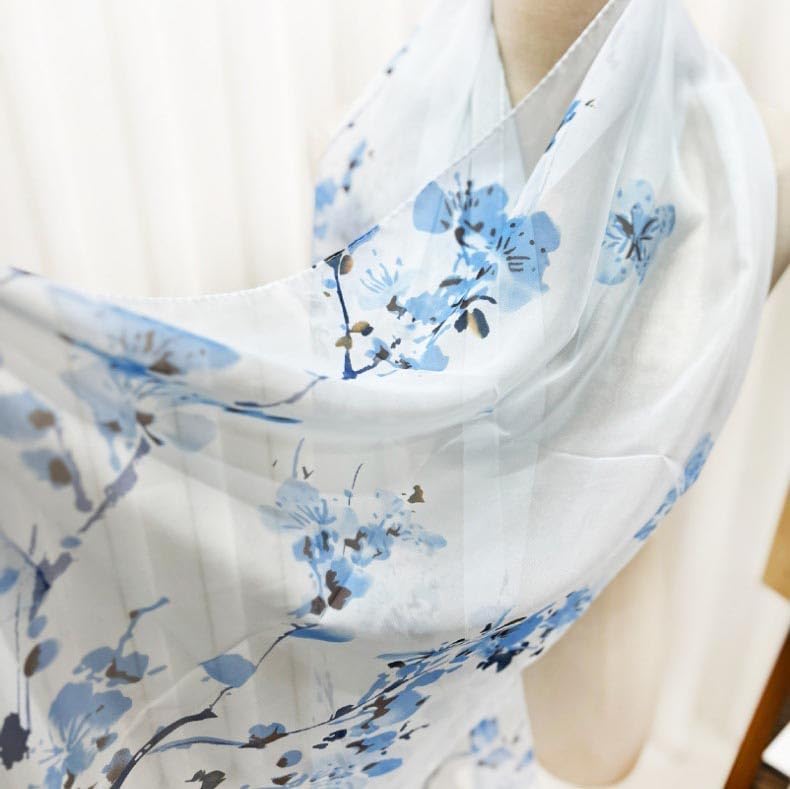 Xyueanlo Women's Chiffon Scarf Lightweight Scarves Fashion Elegant Floral Print Scarfs Shawls - color: Little Plum Blossom Blue