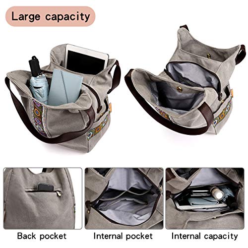 Worldlyda Women Canvas Hobo Purse Multi Pocket Tote Shopper Shoulder Bag Casual Top Handle handbag with Embroidery Ethnic - color: Light Grey