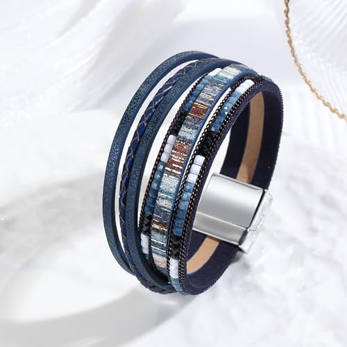 VIBILIA Boho Leather Wrap Bracelets for Women Multi-Layer Bracelets with Strong Clasp Jewelry for Women - color: 03-BohoBraid-RoyalBlue