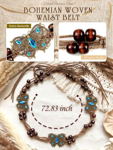 Fstrend Women's Woven Waist Belt Chain,Turquoise Braided Belts with Wooden Beads,Adjustable Belly Accessory for Dress (D) - color: D