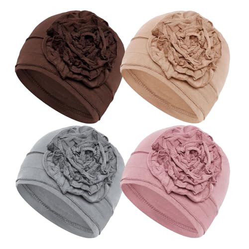 4 Pcs Chemo Turban Headwear for Women Stretchy Turban Head Wraps Cap Chemo Headwrap with Hair Loss - color: Light Gray, Khaki, Pink, Brown
