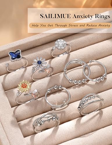 sailimue Anxiety Ring Fidget Ring for Women Men Spinner Fidget Rings for Anti Anxiety Adjustable Open CZ Flower Bead Stress Relieving Spinning Rotatable Rings 9 Pcs - color: Silver