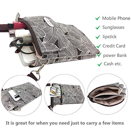Roomy Cell Phone Purse Wallet Canvas Small Crossbody Purse Bags with Shoulder Strap For Women teen girlsl | Roomy - color: Brown Shoulder Strap Zipper ,Black Leaf Pattern