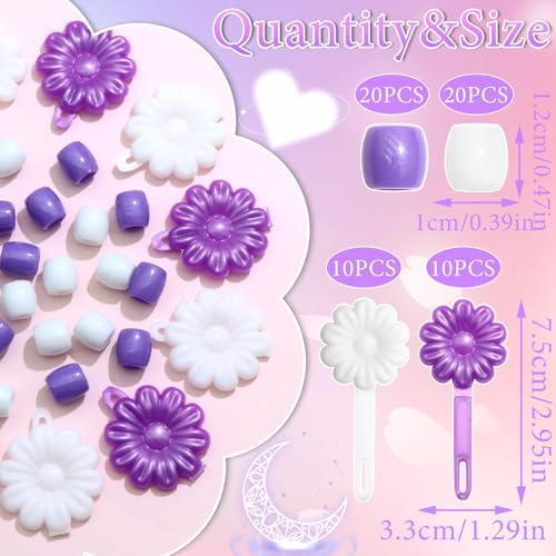 60PCS Hair Beads for Braids Loc Dreadlock Tube Bead Purple&White Pony Beads Self Hinge Flower Hair Barrette 80s 90s Hair Clips Cute Hair Accessories for Girls - color: Purple&White