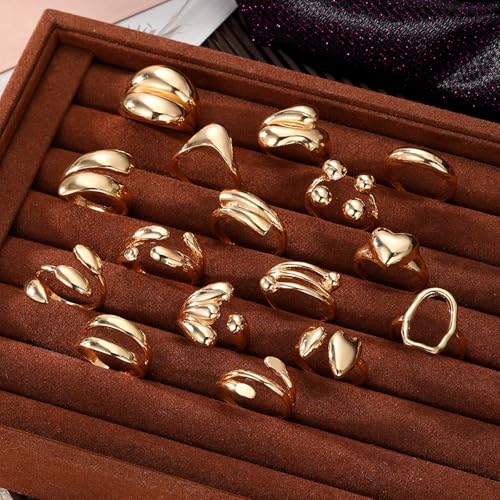 IFKM Gold Chunky Rings Set for Women 14k Gold Plated Thick Dome Stackable Open Rings Trendy Dainty Minimalist Jewelry Gifts - color: Gold, style: 16pcs Encircle