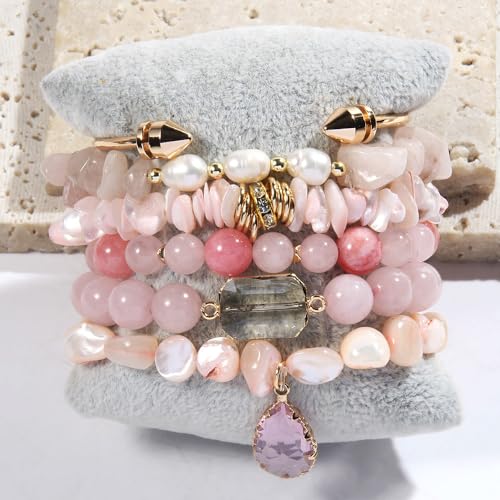 Yomisa 5PCS 6PCS Natural Boho Beaded Bracelets/Bangle for Women Men,Healing Turquoise Jasper Agate Crystal Gemstone Stone Chakra Multilayer Wrap Bohemian Handmade Jewelry Beads Stretch Bracelet Set - color: 6PCS-Pearl
