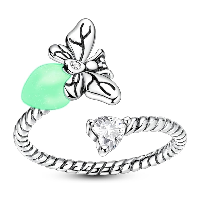 PARCOM Adjustable Women Stackable Ring, 925 Sterling Silver Open Rings - Trendy Eternity Cubic Zirconia Stackable Band Engagement Promise Ring for Her, Hypoallergenic Non Tarnish Nature Bird Floral Thumb Rings - color: Glow-in-the-Dark Firefly
