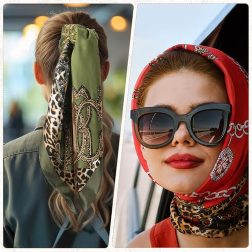 JATEBI 27''/35'' Women Large Satin Scarf Silk Feel Square Wraps Big Hair Bandanas Vintage Print Solid Color Bandana Scarves - color: Beige, Blue, Pink, Red, Green, Military Green Chain Leopard, size: 35'' Large