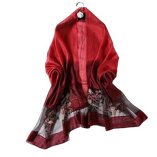 WINCESS YU Women Mulberry Silk Scarf Long & Large Embroidered Floral Pattern Shawl and Wraps Neckerchief for Hair & Neck - color: Gradient Red