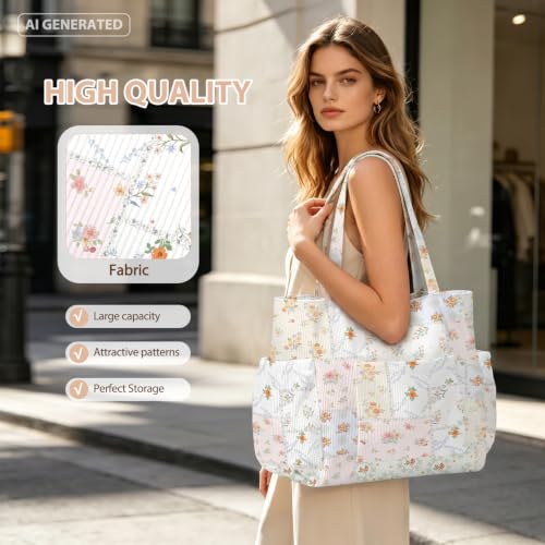 Corduroy Tote Bag for Women,Large Capacity Cute Tote Bags With 6 Pockets,Crossbody Shoulder Handbag for Work Travel Gym - color: Cottage Garden Patchwork