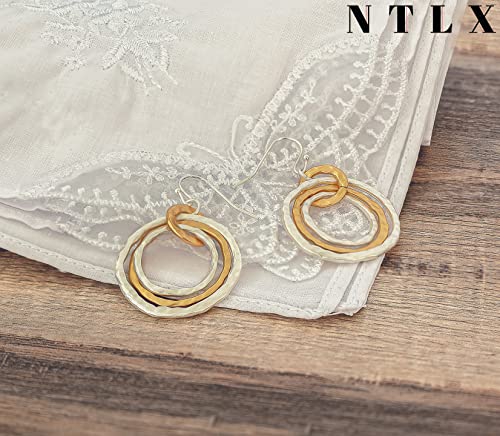 Bohemian Boho Round Circle Hoop Dangle Drop Earrings for Women – Delicate – Hammer Texture – Matte Plated – with Gift Box Included - style: MATTE SILVER & GOLD TWO TONE - MULTI-CIRCLE DROP