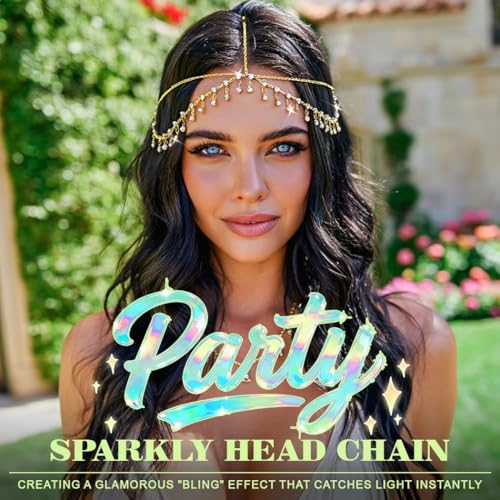 JEAIRTS Boho Rhinestone Head Chain Gold Crystal Forehead Headpiece Bridal Festival Hair Jewelry for Women