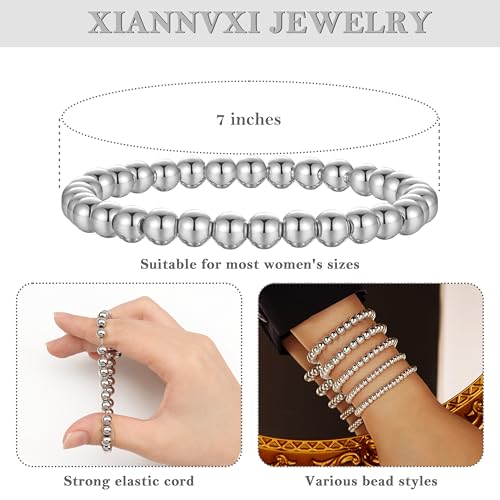 XIANNVXI 5PC Platinum Plated Silver Beaded Bracelet for Women Stretch Elastic Stackable Bead Ball Bracelet Trendy Set Women Dainty Jewelry - color: Silver A
