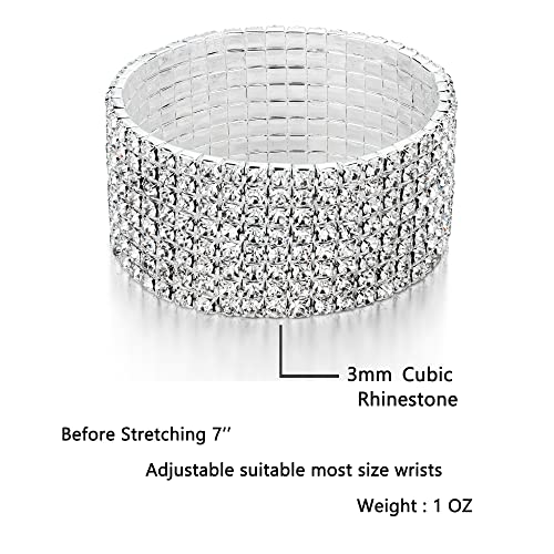 Zealmer Sparkle Multicolor Rhinestone Stackable Stretch Bracelets for Women - color: 8 Row Silver Medium Size