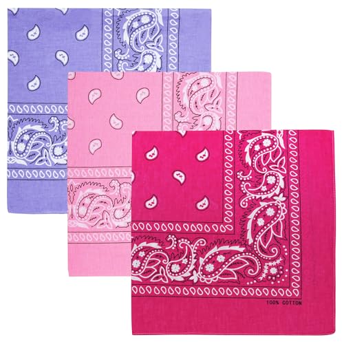 Raylarnia 100% Cotton Large Bandanas for Men and Women, 22 Inch Paisley Bandana with Multiple Colors - color: Hot Pink / Pink / Purple