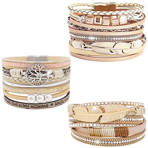 Wowanoo 3Pack Leather Cuff Bracelet Set Multilayer Wrap Bracelet Crystal Feather Tree Bracelet Magnetic Clasp Bracelet for Women - color: 3pack