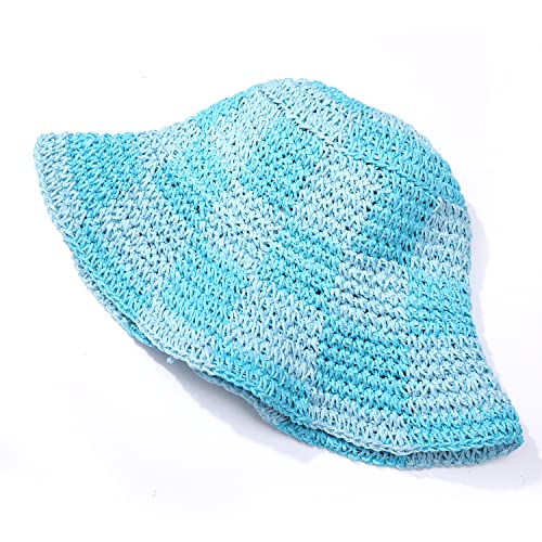 Sun Hats Checkerboard Straw Bucket Hat for Women Packable Crochet Wide Brim Floppy Beach Hats Traveling Summer Accessories - color: Blue