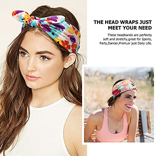 DRESHOW Boho Bow Headbands for Women Vintage Flower Printed Yoga Hairband Elastic Rabbit Ear Head Wrap 6 Pack - color: 6 Pack Rabbit Ears Flower Printed