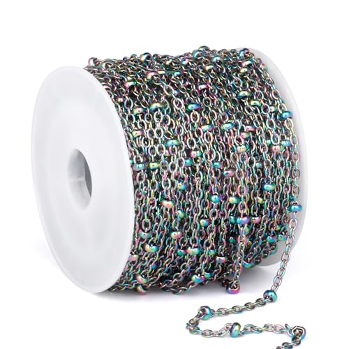 33 Feet Multicolor Stainless Steel Satellite Chain Roll, 2mm 304 Stainless Steel Colorful Ball Beaded Cable Link Chains Spool Bulk for Jewelry Making DIY Craft - color: Colorful Small Beads Satellite Cable Chain