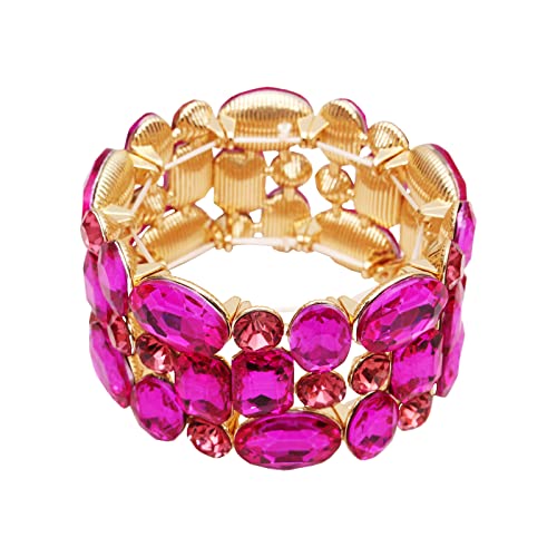 Women’s Wedding Bridal Crystal Leaf Flower Stretch Bangle Elastic Wide Bracelet Jewelry for Brides Bridesmaid - color: Rose Red-Gold Plated