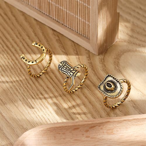 NewZenro 3PCS Western Cowboy Stacking Rings Set for Women Men Vintage Boho Cowgirl Hat Boot Horseshoe Stackable Statement Finger Band Rings Comfort Fit Country Concert Party Holiday Jewelry Size 7 - color: Gold