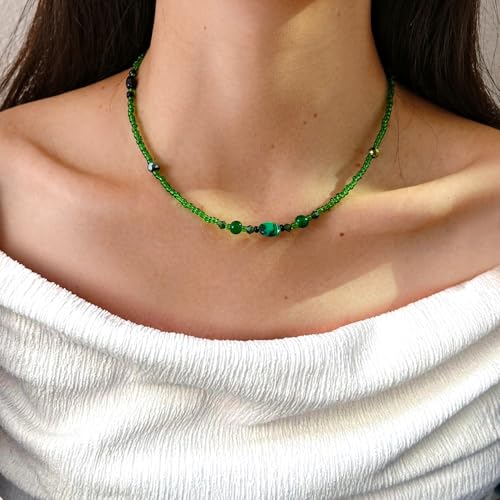 Beaded Necklaces for Women Summer Beach Beaded Necklace Bead Choker Boho Necklaces for Women Handmade Summer Jewelry Stainless Steel 18K Gold Plated - color: Green