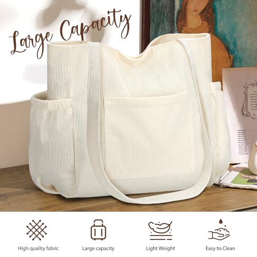 Corduroy Tote Bag for Women,Large Capacity Cute Tote Bags With 6 Pockets,Crossbody Shoulder Handbag for Work Travel Gym - color: Beige