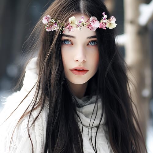 Vivivalue Boho Flower Crown Adjustable Flower Headband Hair Wreath Floral Headpiece Halo with Ribbon Wedding Party Festival Photos Pink - color: 2