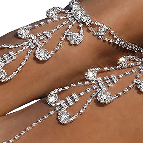 Summer Barefoot Sandals with Foot Chain Jewelry, Crystal Toe Ring Anklets & Bridal Rhinestone Foot Chain for Women (Silver)