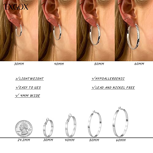 EXGOX Silver Hoop Earrings for Women - Sterling Silver & 14K Gold Plated - Hypoallergenic 925 Silver - Big Hoop Earrings (30/40/50/60/70mm) - color: 4MM Wide-Silver 60mm