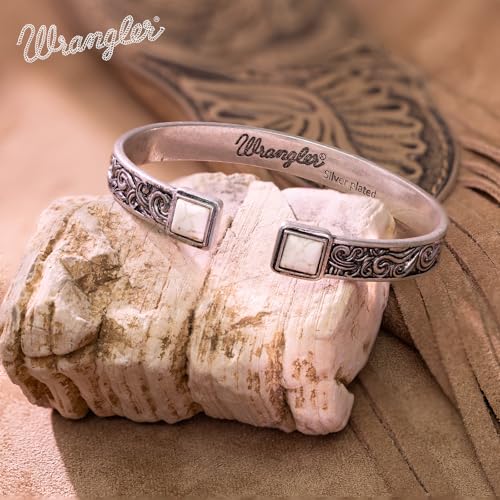Montana West Wrangler Cuff Bracelet for Women Western Turquoise Adjustable Open Bangle Silver Plated Carved Floral Cowgirl Country Jewelry - color: Silver-White