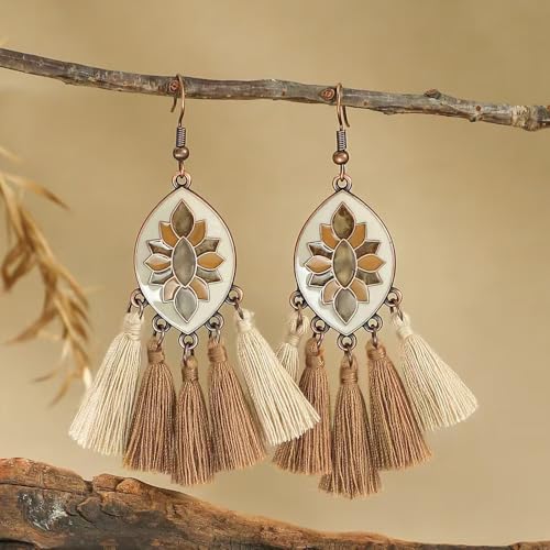 Silver/Gold Boho Dangle Statement Earrings for Women Trendy,Handmade Vintage Dainty Cute Long Drop Summer Earrings,fashion Accessories Jewelry Gifts - color: A17 brown tassels oval shaped enamel