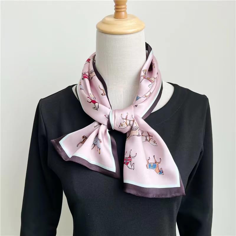 ANDANTINO 100% Silk Scarf for Women 59”*6.3” Long Shawls for Headscarf and Neck- Oblong Hair Wraps with Gift Packed - color: Pink-horses