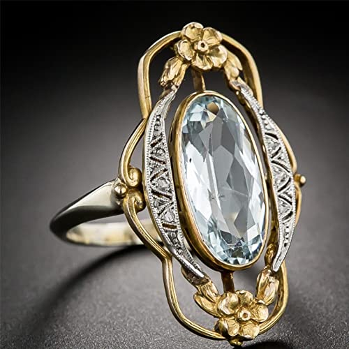 Hollow Out Vintage 925 Sterling Silver Emerald Ring Golden Flower Antique Rings Oval CZ Gold Plated Engagement Rings, Suitable Cocktail Anniversary Cubic Zirconia Ring for Women (7) - size: 7