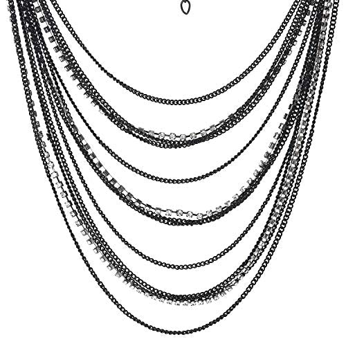 Waterfall Multi-Strand Chains Statement Collar Necklace with Rhinestones Chains, Dress - color: E-Metal Color: Black