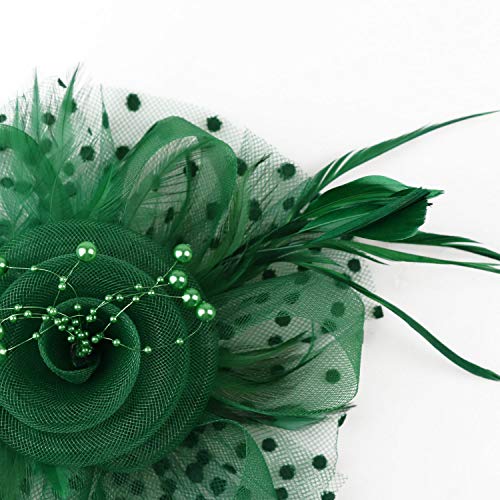 DRESHOW Fascinators Hat Flower Mesh Ribbons Feathers on a Headband and a Clip Tea Party Headwear for Girls and Women - color: 7" Diameter / Emerald Green