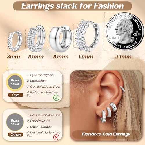 Florideco 4Pairs Small Hoop Earrings for Women Trendy 14K Gold Plated Stackable Chunky Earrings Hypoallergenic Huggie Earring Stacks Lightweight Earring Sets for Multiple Piercing - color: Silver-Twisted