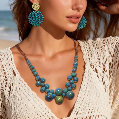 2 Pcs Hippie Boho Colorful Ceramic Beaded Necklace and Earrings Set for Women Adjustable Chunky Round Beads Strand Statement Necklace Colorful Summer Beaded Earrings Bohemian Jewelry Gift - color: Peacock Blue
